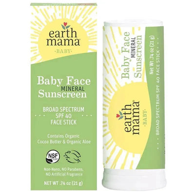 Earth Mama Baby Face Mineral Sunscreen Stick SPF 40 with green packaging, featuring sun graphic and organic ingredient details.