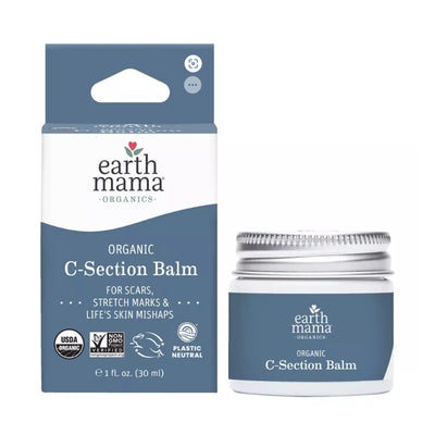 Organic C-Section Balm by Earth Mama in a silver jar beside its packaging, addressing scars and skin issues.