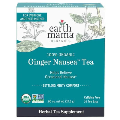 Earth Mama Organic Ginger Nausea Tea box featuring 16 tea bags, labeled as caffeine-free and designed to relieve occasional nausea.