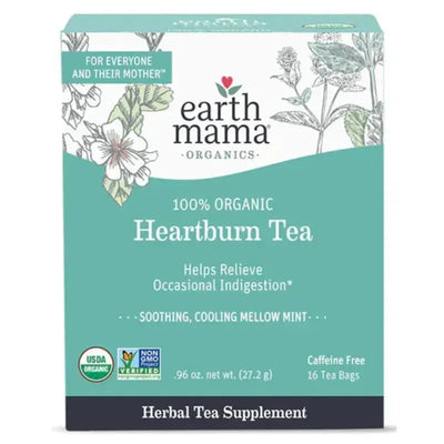 Organic Heartburn Tea box by Earth Mama, labeled for occasional indigestion relief, contains 16 caffeine-free tea bags.