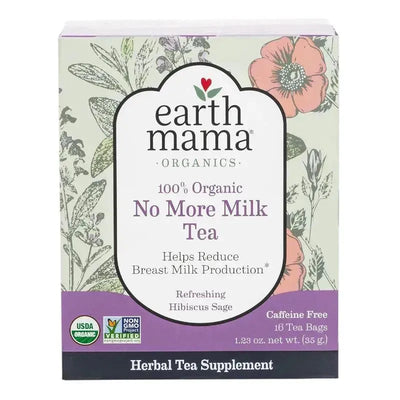 Earth Mama Organic No More Milk Tea box featuring 16 tea bags, with floral designs and a description of its purpose.