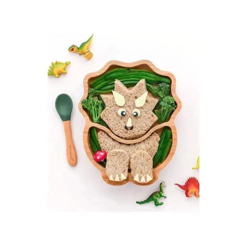 Eco Rascals Bamboo Suction Plate With Two Sections Dino, Green Image 3