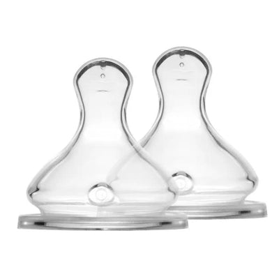 Silicone bottle nipples in a clear two-pack, designed for easy feeding with soft and flexible tips.