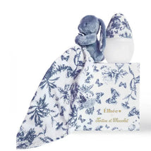 Elhee Baby Bottle & Comforter Set features a blue plush bunny, a floral-patterned comforter, and a decorative box.