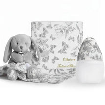 Elhee Baby Bottle and Comforter Set in grey featuring a plush bunny, a patterned comforter, and a butterfly design bottle.