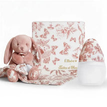 Elhee Baby Bottle & Comforter Set in pink with a plush bunny, decorative cloth, and a beautifully patterned bottle.