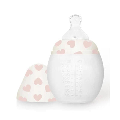 8 oz Elhee Full Of Love Pink baby bottle with a heart-patterned lid and measurement markings on the side.