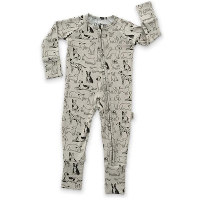 Zipper romper featuring a playful dog print in black on a light beige background, designed for babies.