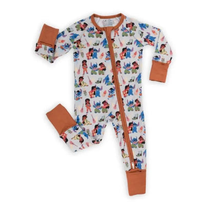 Baby Ohana Zipper Romper featuring vibrant cartoon character prints, long sleeves, and terracotta cuffs.