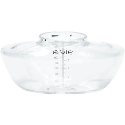 Clear Elvie breastmilk storage bottle with measurement markings and a wide opening for easy filling.