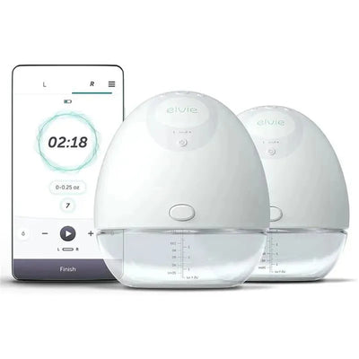 Double smart wearable Elvie breast pumps with digital monitor showing time and milk measurement.