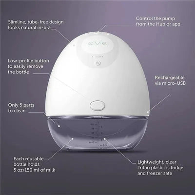 Elvie Double Smart Wearable Breast Pump features a slim, tube-free design, low-profile button, and a clear bottle holding 5 oz/150 ml.