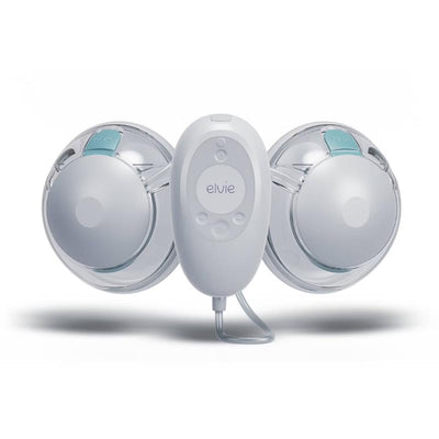 Double electric breast pump featuring two transparent cups, a central control unit with buttons, by Elvie.