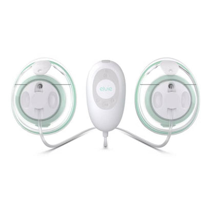 Hands-free double electric breast pump by Elvie, featuring two breast shields and a control unit for easy operation.