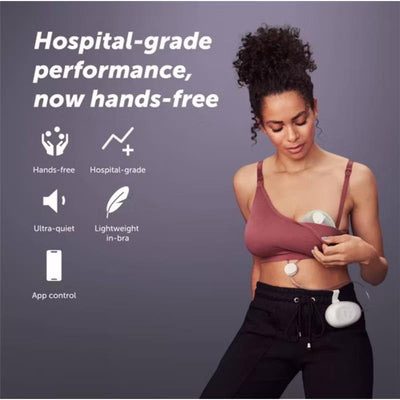 Elvie Stride hands-free double electric breast pump in use, highlighting features like hospital-grade performance and app control.