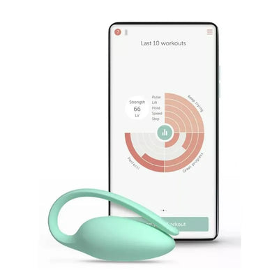 Smart Kegel exerciser in mint green next to a smartphone displaying workout stats and progress tracking.