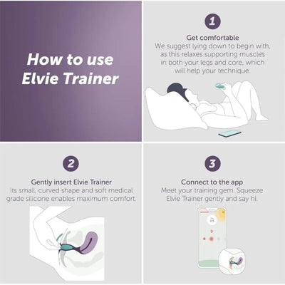 Instructions on using the Elvie Trainer Kegel exerciser, showcasing comfort, insertion, and app connection steps.