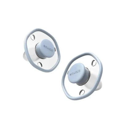Two blue Emulait baby pacifiers with a soft, rounded design and a clear silicone nipple.
