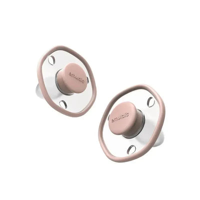 Two Emulait baby pacifiers in rose color, designed for infants 0-6 months, with a soft silicone nipple and safety holes.