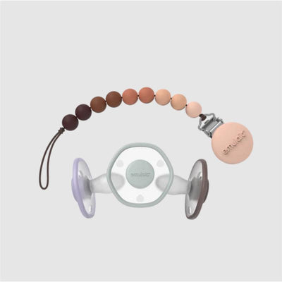 3Pk Pacifier & Clip Gift Set featuring a silicone pacifier in pastel colors with a matching clip. Suitable for ages 0 to 6 months.