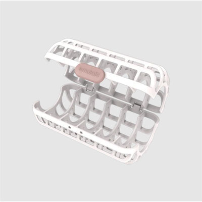 Dishwasher basket by Emulait in white with a pink latch, designed for securely holding small kitchen items.