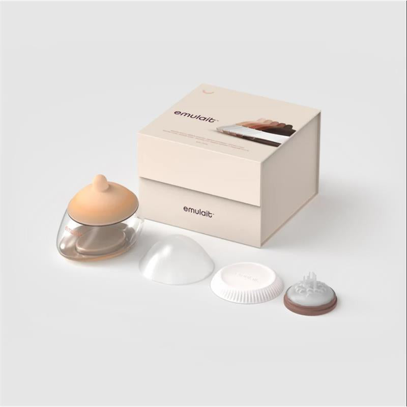Anatomy bottle with a fair-colored nipple, accompanied by various nipple shapes and a branded packaging box.