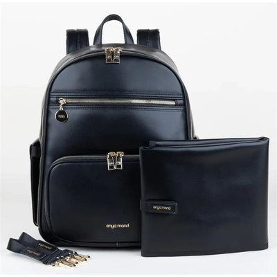 Enya Mond Elara Diaper Bag in Onyx color, featuring gold zippers, a changing mat, and detachable straps.