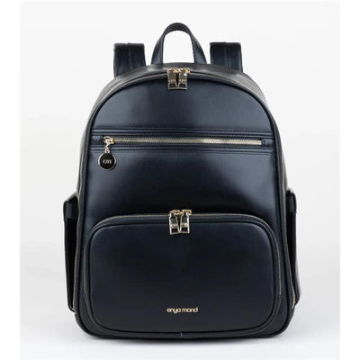 Black Enya Mond Elara diaper bag featuring gold zippers and a front pocket, designed for stylish and practical use.