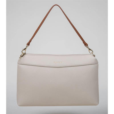 Light beige Enya Mond Nova Bag with a brown shoulder strap and gold logo detail on the front.