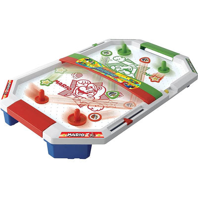 Air hockey table featuring Super Mario graphics, red and green paddles, and a colorful design for fun gameplay.