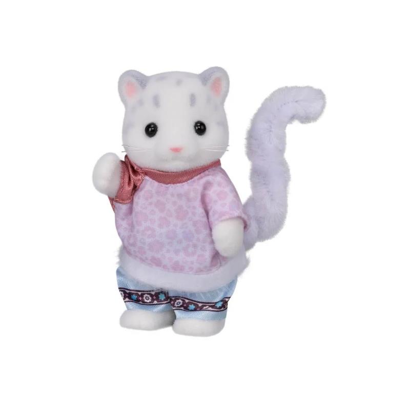 Snow leopard figurine wearing a pink top and blue pants, featuring detailed fur and a curled tail.