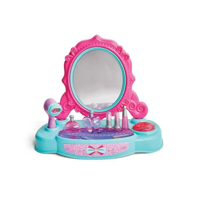 Colorful vanity set featuring a pink mirror, styling tools, and various cosmetic bottles, designed for imaginative play.