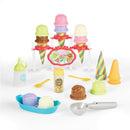 Epoch Just Imagine Ice Cream Party Playset featuring colorful ice cream cones, scoops, sprinkle shaker, serving utensils, and accessories.