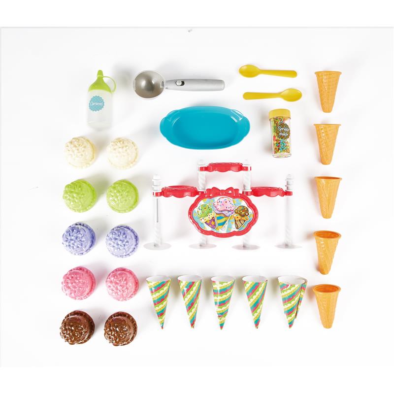 Epoch Just Imagine Ice Cream Party Playset featuring colorful ice cream scoops, cones, utensils, and a serving stand.