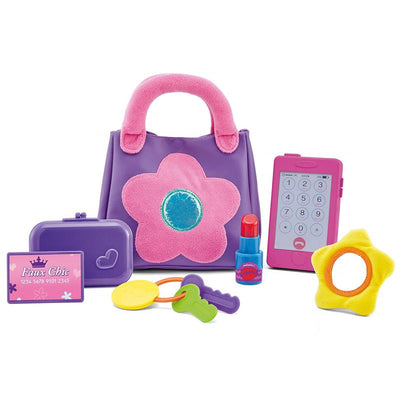Toddler pretend play set featuring a purple handbag with a pink flower, toy phone, lipstick, keys, and accessories.