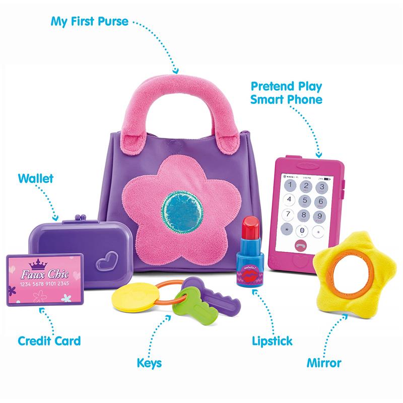 Toddler pretend play set featuring a colorful purse with a flower design, including accessories like a wallet, phone, keys, lipstick, and mirror.
