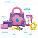 Toddler pretend play set featuring a colorful purse with a flower design, including accessories like a wallet, phone, keys, lipstick, and mirror.