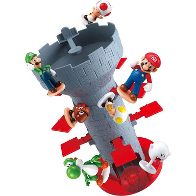 Epoch - Super Mario Blow Up! Shaky Tower features a gray tower with Mario, Luigi, Toad, Yoshi, a Goomba, and Boo characters balancing on platforms.