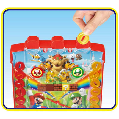 Super Mario Lucky Coin Game featuring colorful graphics, a player inserting a coin, and characters like Bowser and Mario.