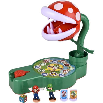 Super Mario Piranha Plant Escape! game featuring a red and white Piranha Plant, green base, Mario and Luigi figures, and action dice.