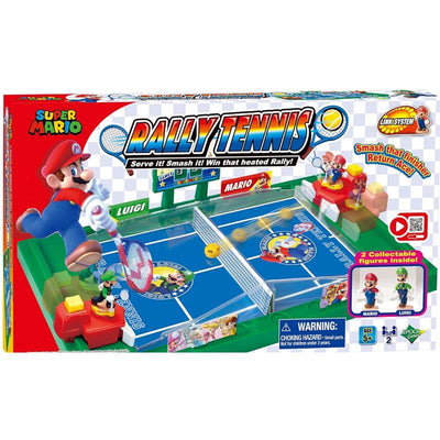 Super Mario Rally Tennis game box featuring Mario and Luigi figures, a tennis court, and gameplay text.