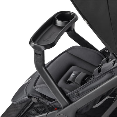 Ergobaby Metro 3 Stroller Snack Tray Accessory featuring a black detachable tray with cup holder, positioned over a stroller seat.