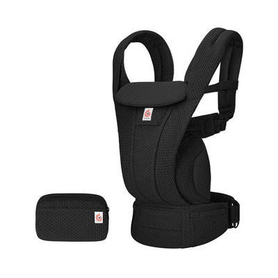 Ergobaby Omni Deluxe Mesh Baby Carrier in Onyx Black, featuring breathable mesh, adjustable straps, and a detachable storage pouch.