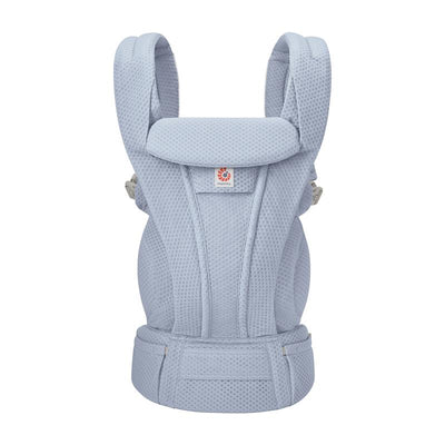 Ergobaby Omni Deluxe Mesh Baby Carrier in Serene Blue, designed for newborns to toddlers, featuring breathable mesh and supportive design.