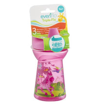 Evenflo Feeding Tripleflo decorated sippy cup with a pink design featuring a zebra and birds, 10 oz capacity, suitable for 9 months and older.