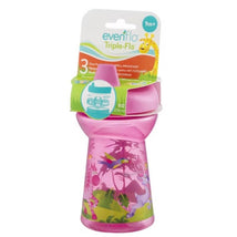 10 oz pink Evenflo Feeding Tripleflo sippy cup featuring animal graphics, suitable for children 9 months and older.