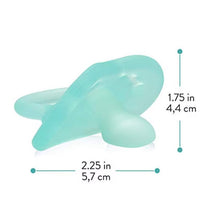 Aqua-colored orthodontic pacifier for infants aged 6 months and older, measuring 2.25 inches by 1.75 inches.