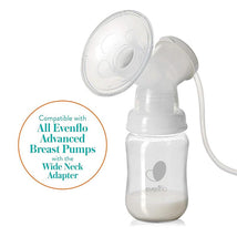Evenflo Feeding wide-neck adapter compatible with all Evenflo advanced breast pumps, attached to a clear bottle with milk.