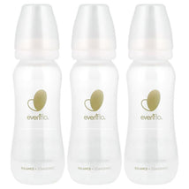 Three Evenflo Feeding 9 oz Balance + Standard bottles, featuring a transparent design and gold logo.