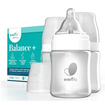 Evenflo Feeding 3-pack Balance + wide bottles, 5 oz each, showing clear bottles with white tops and a teal packaging.